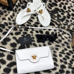 Versace BUNDLE White/Gold Rubber Sandals with matching La Medusa Crossbody Bag